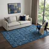 5' X 8' Navy Blue And Gray Floral Medallion Washable Area Rug With UV Protection