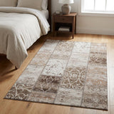 3' X 5' Beige And Ivory Patchwork Distressed Washable Area Rug With UV Protection