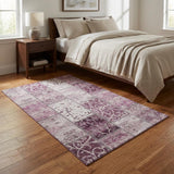 3' X 5' Burgundy And Ivory Patchwork Distressed Washable Area Rug With UV Protection