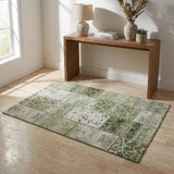 3' X 5' Green And Ivory Patchwork Distressed Washable Area Rug With UV Protection