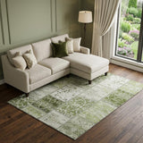 8' X 10' Green And Ivory Patchwork Distressed Washable Area Rug With UV Protection
