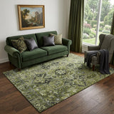 5' X 8' Olive Green Gray And Ivory Oriental Washable Area Rug With UV Protection