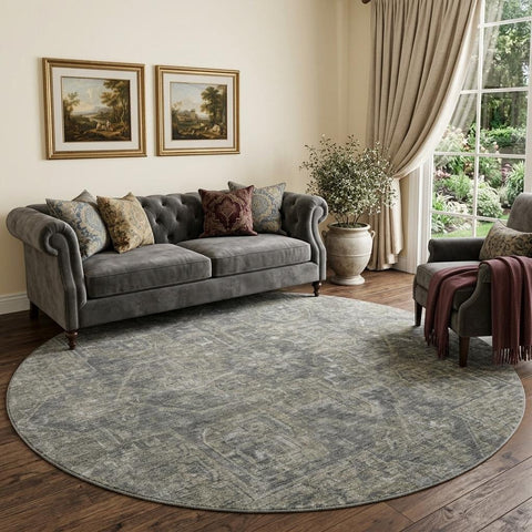 8' Coffee And Gray Medallion Distressed Washable Round Rug With UV Protection