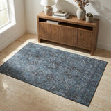 3' X 5' Navy Blue And Gray Medallion Distressed Washable Area Rug With UV Protection