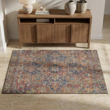 3' X 5' Red And Blue Medallion Distressed Washable Area Rug With UV Protection