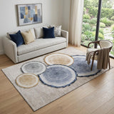 5' X 8' Beige Blue And Ivory Faux Bois Washable Area Rug With UV Protection