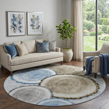 8' Blue Brown And Ivory Faux Bois Washable Round Rug With UV Protection