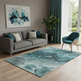 5' X 8' Teal Ivory And Gray Abstract Washable Area Rug With UV Protection