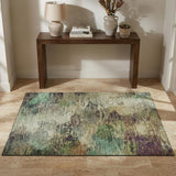 3' X 5' Beige Teal And Olive Green Abstract Washable Area Rug With UV Protection