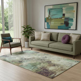 5' X 8' Beige Teal And Olive Green Abstract Washable Area Rug With UV Protection