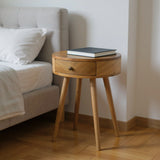 22" Natural Solid Wood Round One Drawer Nightstand