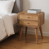 22" Oak Solid Wood And Cane Rattan Two Drawer Nightstand