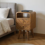 22" Chestnut Solid Wood Square Carved Geometric Two Drawer Nightstand