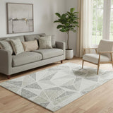 5' X 8' Taupe And Silver Geometric Washable Area Rug With UV Protection
