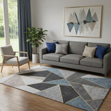 5' X 8' Blue Charcoal And Ivory Geometric Washable Area Rug With UV Protection