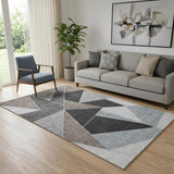 5' X 8' Chocolate Brown And Gray Geometric Washable Area Rug With UV Protection