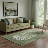 5' X 8' Olive Green And Ivory Abstract Washable Area Rug With UV Protection
