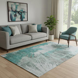 5' X 8' Teal Ivory And Gray Abstract Washable Area Rug With UV Protection
