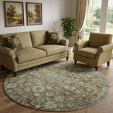 8' Coffee Ivory And Gold Oriental Washable Round Rug With UV Protection