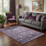 5' X 8' Purple And Ivory Oriental Washable Area Rug With UV Protection