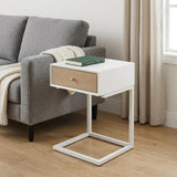 25" White and Natural Wood and Steel End Table With Drawer And USB Port