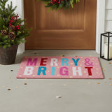 17" X 29" Pink Blue And White Christmas Merry and Bright Outdoor Coir Door Mat