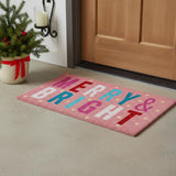 24" X 36" Pink Blue And White Christmas Merry and Bright Outdoor Coir Door Mat