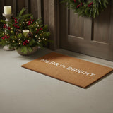 17" X 29" Brown And White Christmas Merry and Bright Outdoor Coir Door Mat
