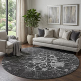 8' Charcoal And Silver Abstract Washable Round Rug With UV Protection