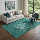 5' X 8' Teal And Ivory Abstract Washable Area Rug With UV Protection