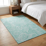 3' X 5' Teal And Ivory Paisley Washable Area Rug With UV Protection