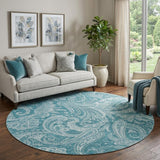 8' Turquoise And Ivory Paisley Washable Round Rug With UV Protection