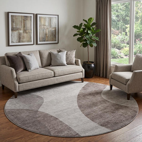 8' Coffee And Taupe Geometric Washable Round Rug With UV Protection