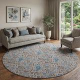 8' Coffee And Blue Floral Washable Round Rug With UV Protection