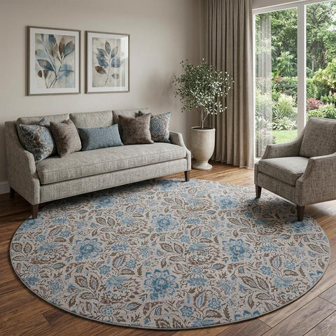 8' Coffee And Blue Floral Washable Round Rug With UV Protection
