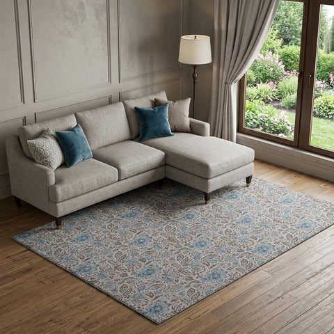 8' X 10' Coffee And Blue Floral Washable Area Rug With UV Protection