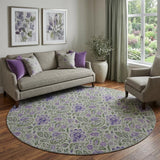 8' Olive Green And Purple Floral Washable Round Rug With UV Protection
