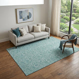 5' X 8' Teal And Ivory Floral Washable Area Rug With UV Protection