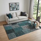 5' X 8' Teal And Gray Patchwork Washable Area Rug With UV Protection