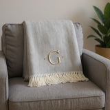 55" X 70" Gray And White Herringbone Cotton Blend G Initial Throw Blanket with Tassels And Embroidery