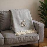 55" X 70" Gray And White Herringbone Cotton Blend K Initial Throw Blanket with Tassels And Embroidery