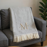 55" X 70" Gray And White Herringbone Cotton Blend M Initial Throw Blanket with Tassels And Embroidery