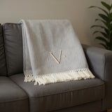 55" X 70" Gray And White Herringbone Cotton Blend V Initial Throw Blanket with Tassels And Embroidery