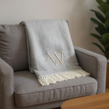 55" X 70" Gray And White Herringbone Cotton Blend W Initial Throw Blanket with Tassels And Embroidery