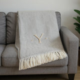 55" X 70" Gray And White Herringbone Cotton Blend Y Initial Throw Blanket with Tassels And Embroidery