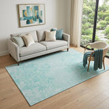 5' X 8' Teal And Ivory Floral Washable Area Rug With UV Protection