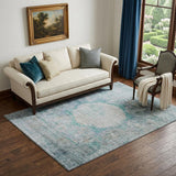 5' X 8' Teal And Gray Oriental Washable Area Rug With UV Protection