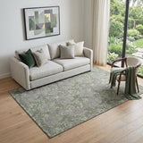 5' X 8' Artichoke Green And Gray Floral Washable Area Rug With UV Protection
