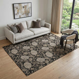 5' X 8' Black And Beige Floral Washable Area Rug With UV Protection