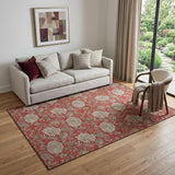 5' X 8' Red And Beige Floral Washable Area Rug With UV Protection